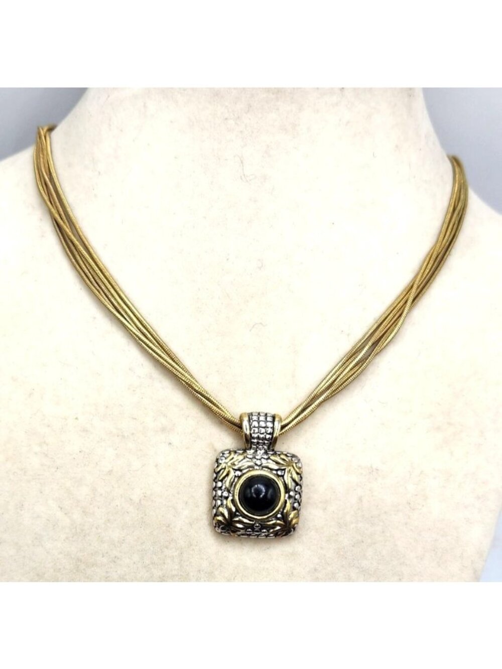 Gold Tone Multi Strand Adjustable Snake Chain With Two Tone Square Pendant With